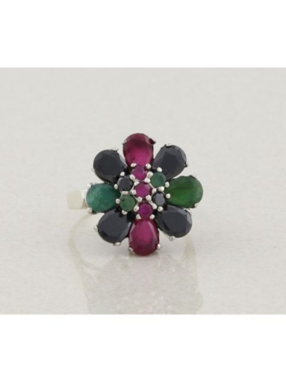 Sterling Silver Natural Ruby, Emerald, Onyx Flower Ring Size 9